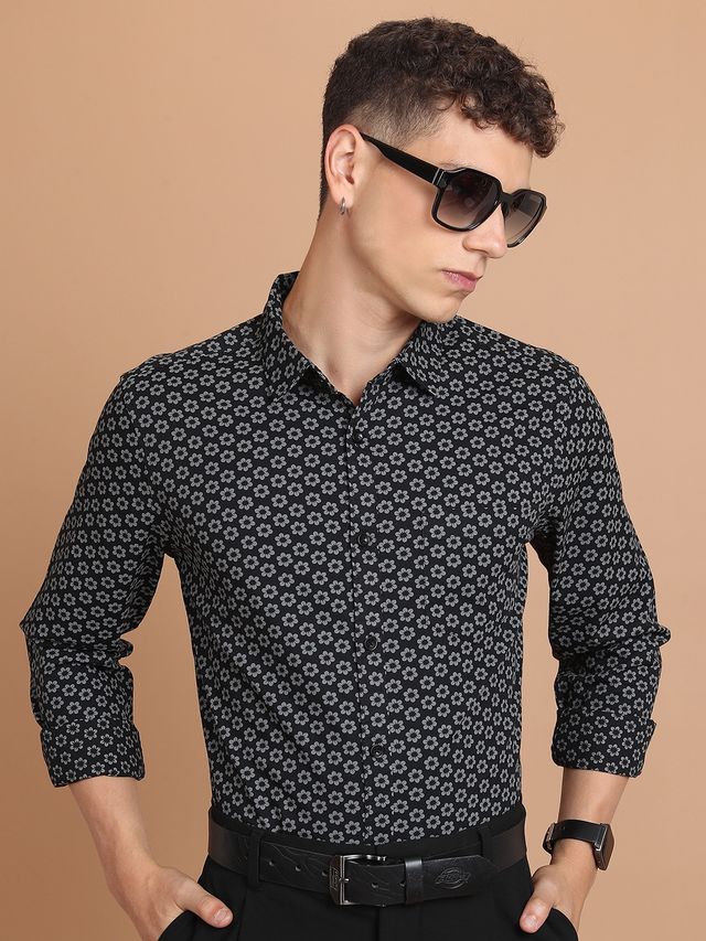 Ketch Men Printed Shirt | Slim Fit | Black | XL