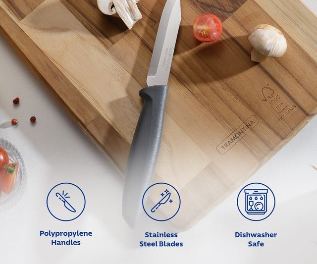 Tramontina Plenus Stainless Steel Vegetable and Fruit Knife/Chaku, 7cm/2.7 inch | Black | Straight/Plain Edge Knife | Polypropylene Handle | Dishwasher Safe | 5 Year Warranty | Made in Brazil