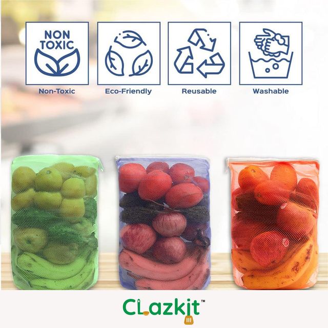 Clazkit Set Of 12 Reusable Fridge Storage Bags For Vegetables and Fruitswith Sturdy Zipper