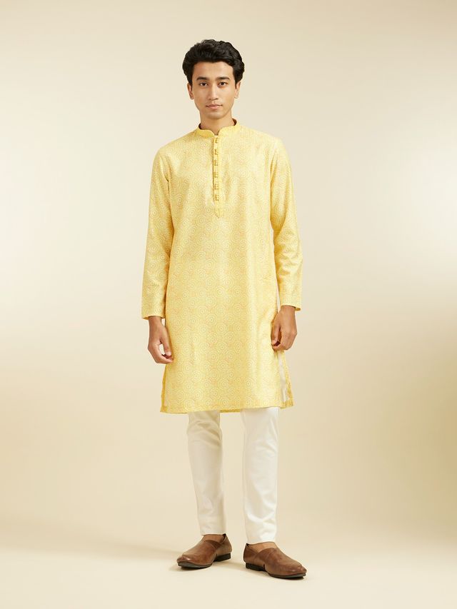 Diwas By Manyavar Yellow Blended Cotton Printed Kurta Set | XXL