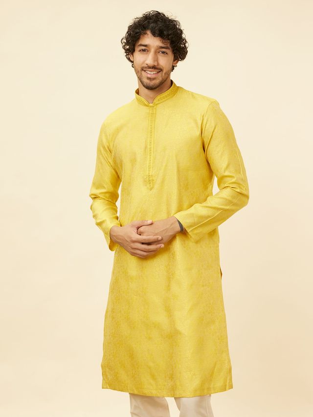 Manyavar Yellow Blended Viscose Self Design Kurta Set | XXL