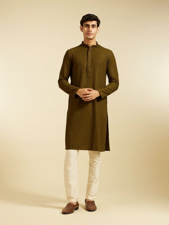Diwas By Manyavar Green Viscose Embroidered Sequined Work Kurta Set | M