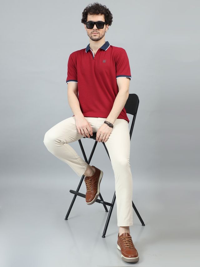 Bushirt Men's V-Neck Polo T-shirt | Deep Red - L