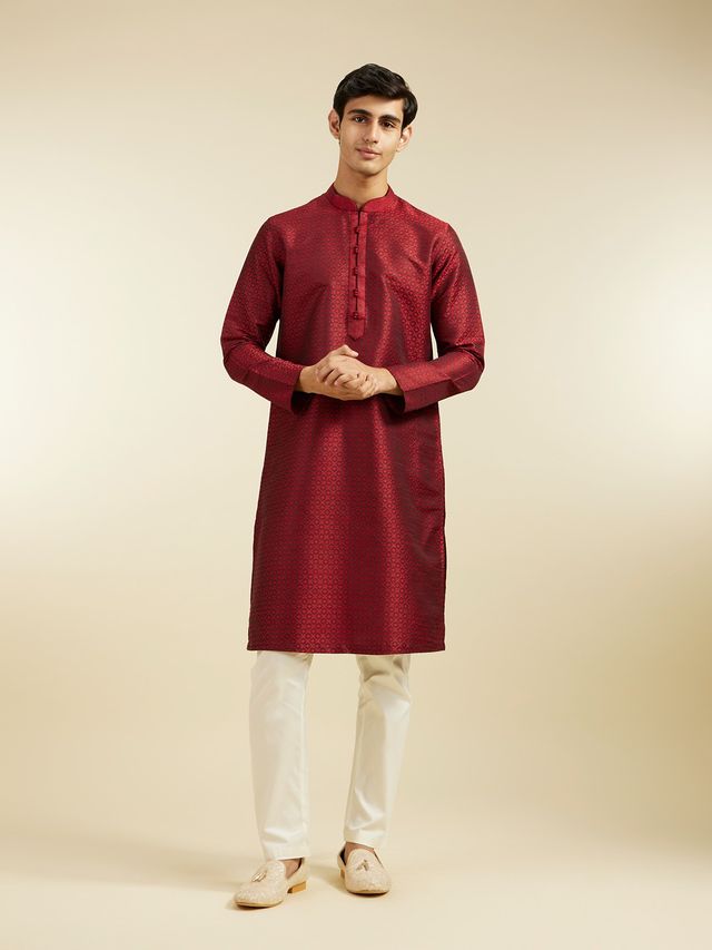 Diwas By Manyavar Maroon Art Silk Self Design Kurta Set | M