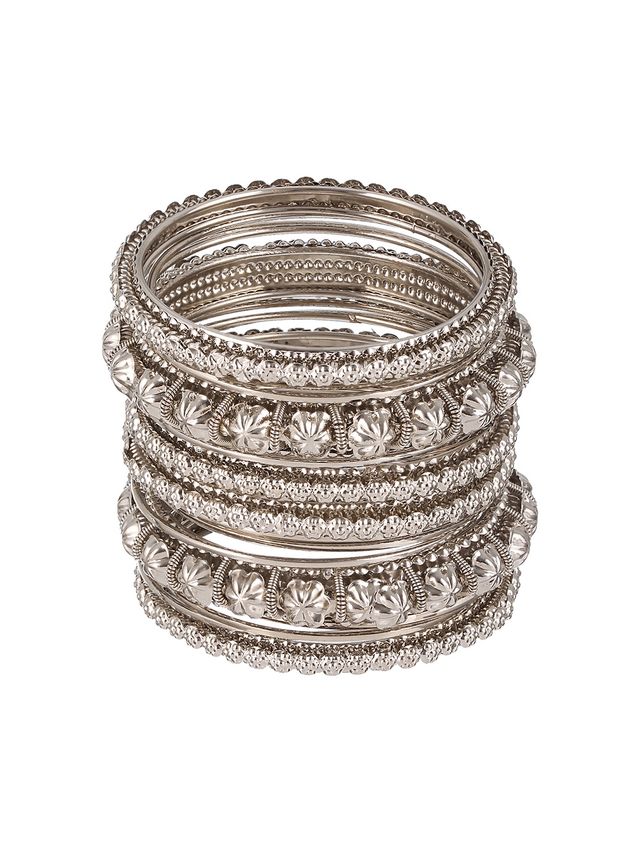 Aatmana Set of 18 Silver-Plated Textured Oxidised Bangles Set