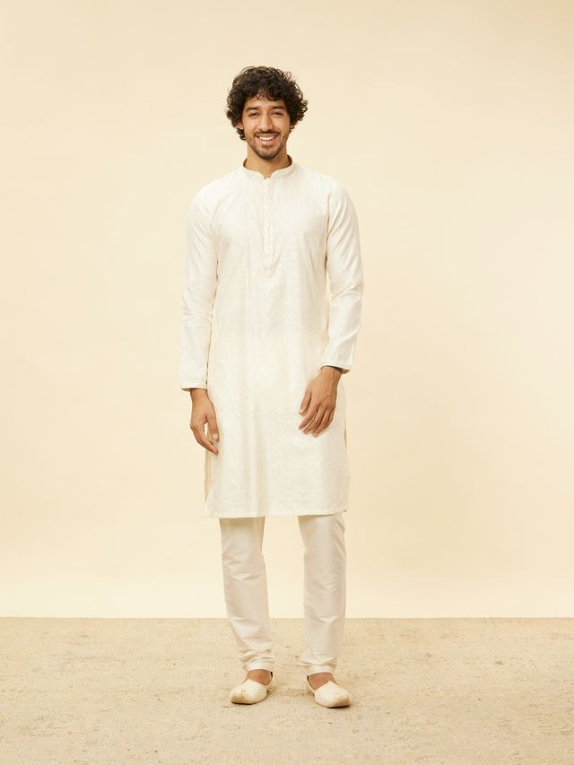 Manyavar Cream Blended Viscose Self Design Kurta Set | S