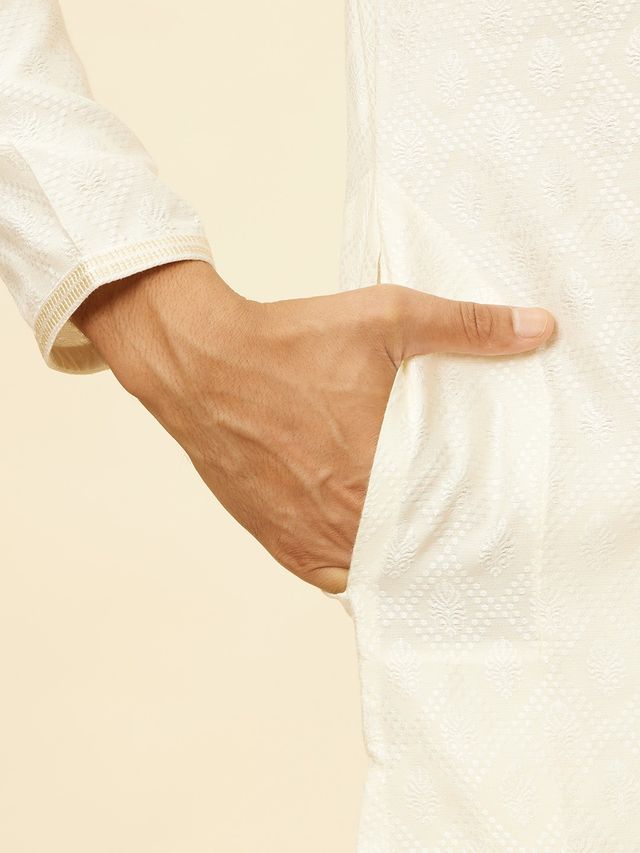 Manyavar Cream Blended Viscose Self Design Kurta Set | S