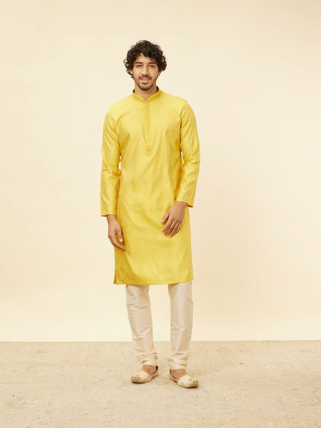 Manyavar Yellow Blended Viscose Self Design Kurta Set | XXL