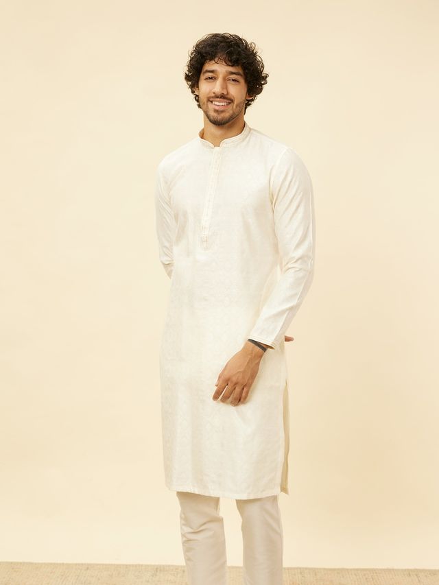 Manyavar Cream Blended Viscose Self Design Kurta Set | S