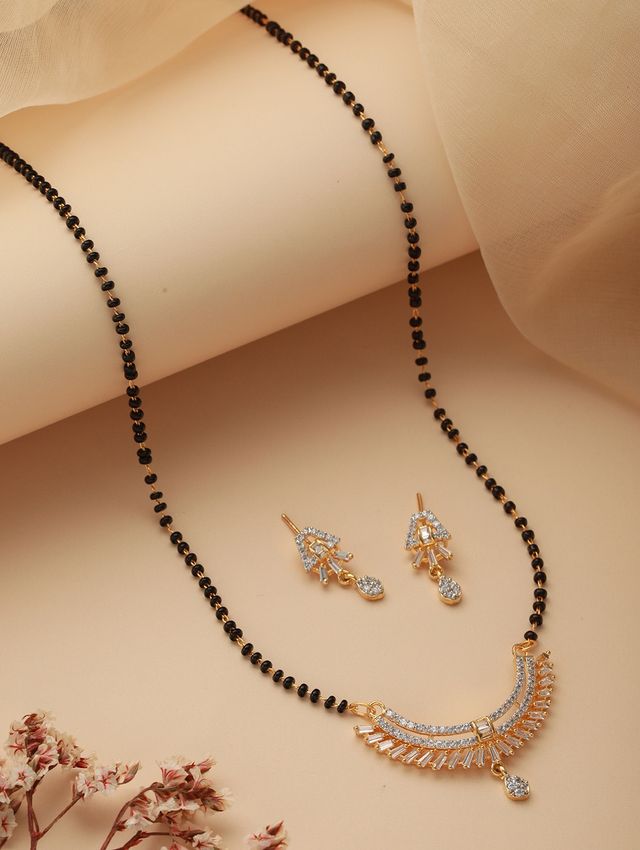 Aatmana Black Gold-Plated Beaded & AD Studded Mangalsutra & Earrings Set