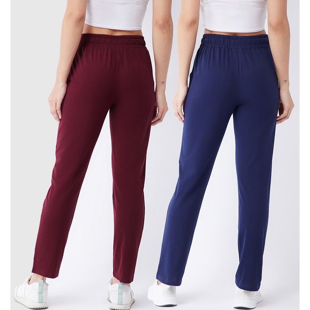 Modeve Women's Cotton Blend Solid Track Pant for Summer | Navy and Wine | XL