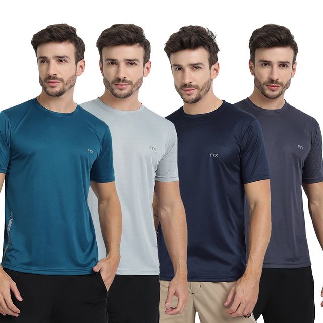 FTX Men s Solid Round Neck Polyester Half Sleeve Casual T-shirt | Airforce-Navy-Steel-Grey | XL