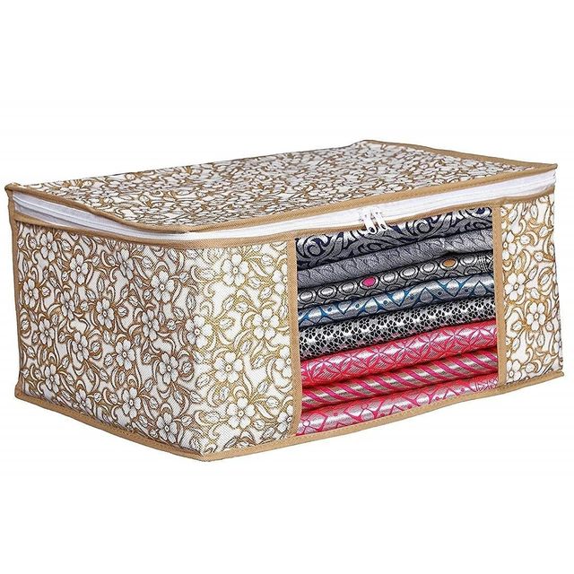 Perpetual Saree Organizer for Wardrobe | Foldable Saree Covers with Zip | Beige | Pack of 5