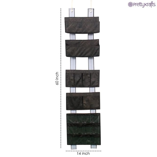 PrettyKrafts Wall Hanging Organizer | Storage Pouch with Flaps & Utility Pockets - Black
