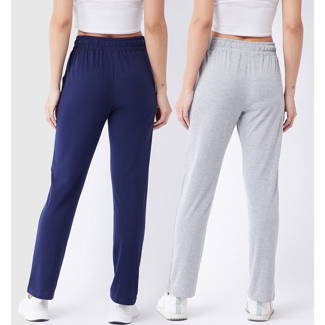 Modeve Women's Cotton Blend Solid Track Pant for Summer | Navy and Light Grey | M
