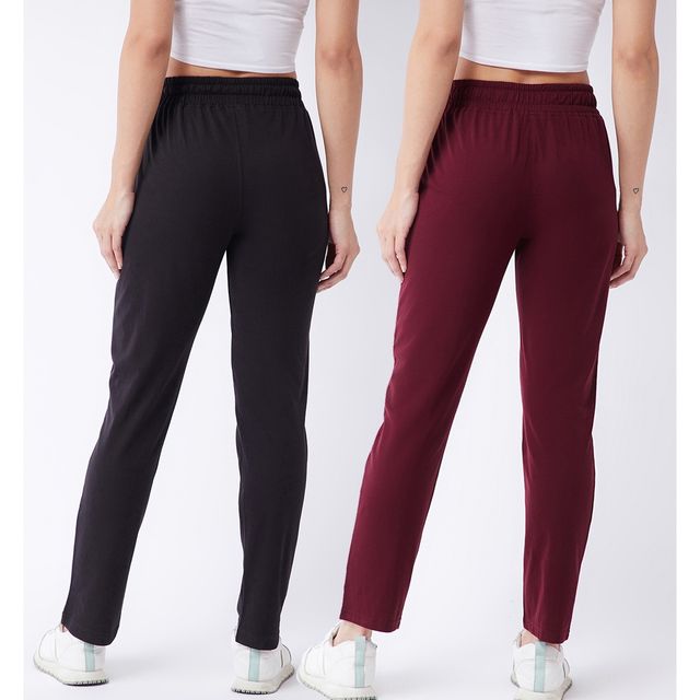 Modeve Women's Cotton Blend Solid Track Pant for Summer | Black and Wine | M