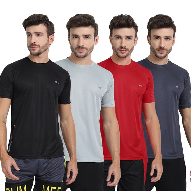 FTX Men s Solid Round Neck Polyester Half Sleeve Casual T-shirt | Black-Red-Steel-Grey | M