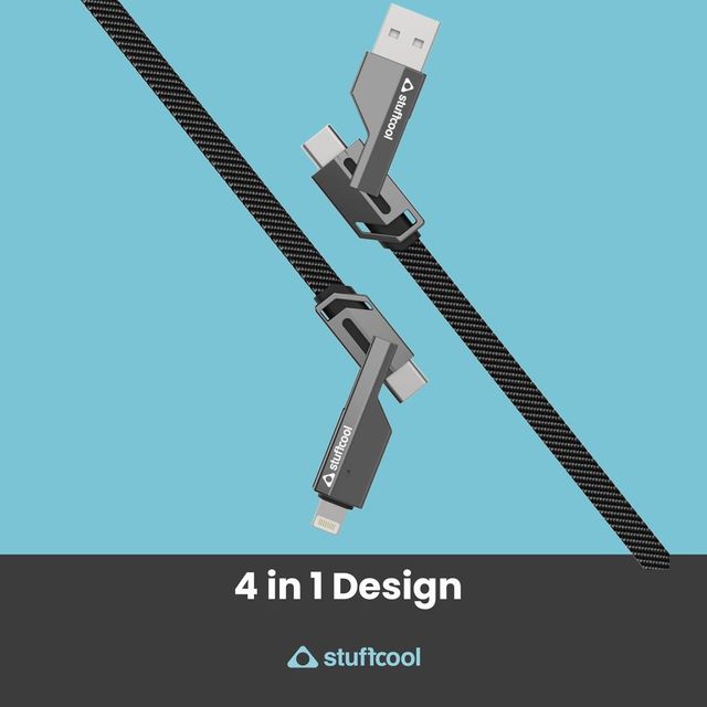 Stuffcool Qaud Pro 4-In-1 USB Cable - Grey | Braided and Durable | High-Quality Material