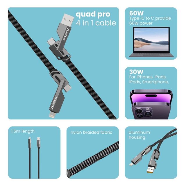 Stuffcool Qaud Pro 4-In-1 USB Cable - Grey | Braided and Durable | High-Quality Material