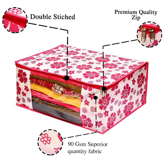 Perpetual Saree Organizer with Zip | Foldable Storage Bag | Pack of 3 | White Flower
