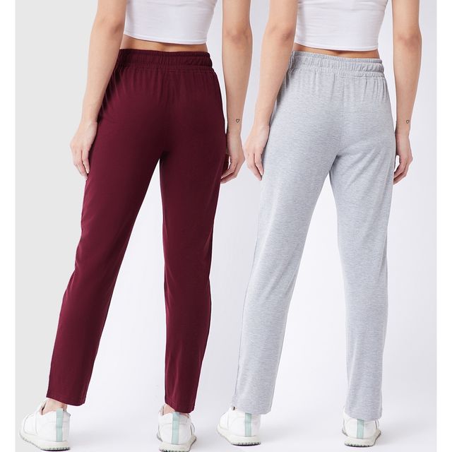 Modeve Women's Cotton Blend Solid Track Pant for Summer | Light Grey and Wine | XL