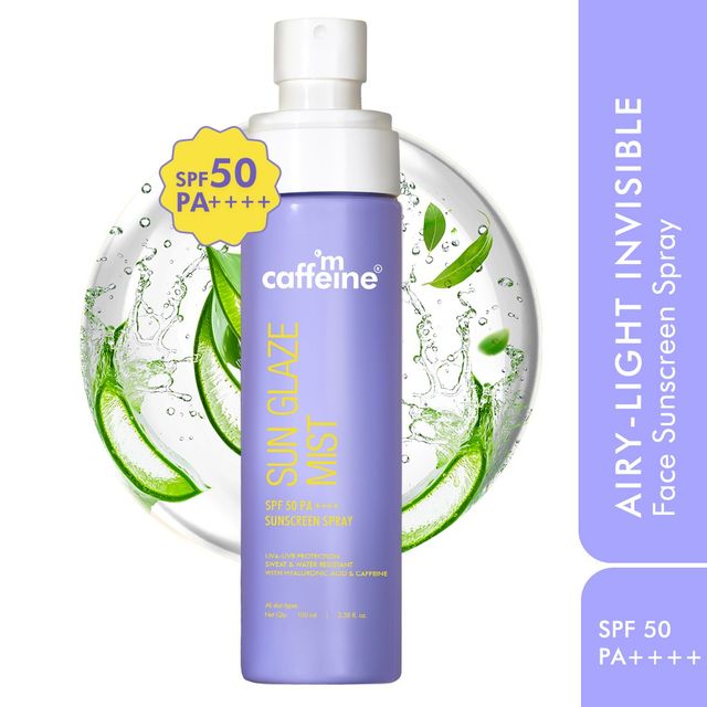 mCaffeine Sun Glaze SPF 50 PA++++ Face Sunscreen Spray | Hydrating And Easy Application On Makeup