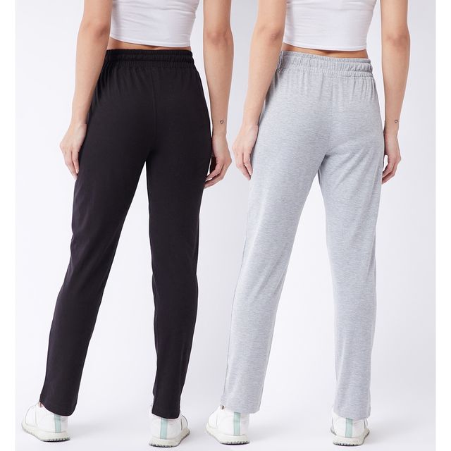 Modeve Women's Cotton Blend Solid Track Pant for Summer | Black and Light Grey | XL