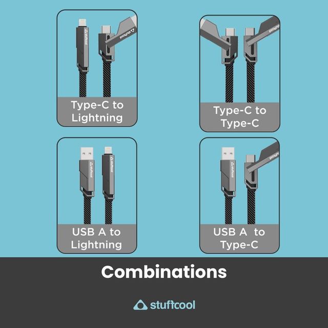 Stuffcool Qaud Pro 4-In-1 USB Cable - Grey | Braided and Durable | High-Quality Material