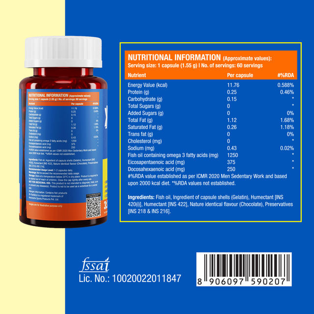 Fast&Up Omega 1250 mg Fish Oil Capsules, No Fishy Burp or Aftertaste - 60 capsules