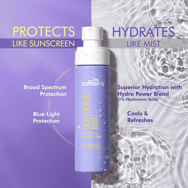 mCaffeine Sun Glaze SPF 50 PA++++ Face Sunscreen Spray | Hydrating And Easy Application On Makeup