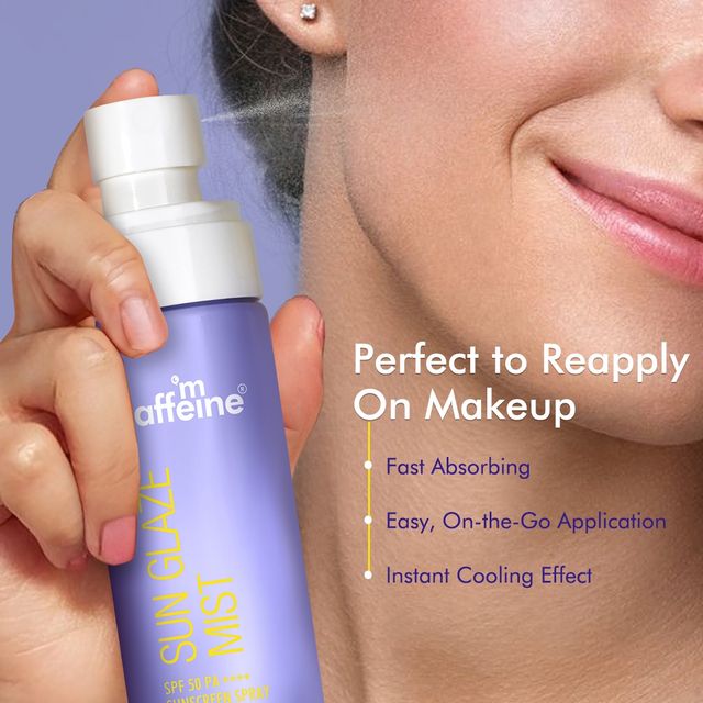 mCaffeine Sun Glaze SPF 50 PA++++ Face Sunscreen Spray | Hydrating And Easy Application On Makeup