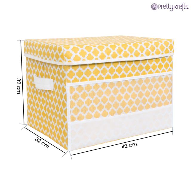 PrettyKrafts Yellow Cube Storage Box with Net Pockets - Foldable Organizer for Toys & Clothes