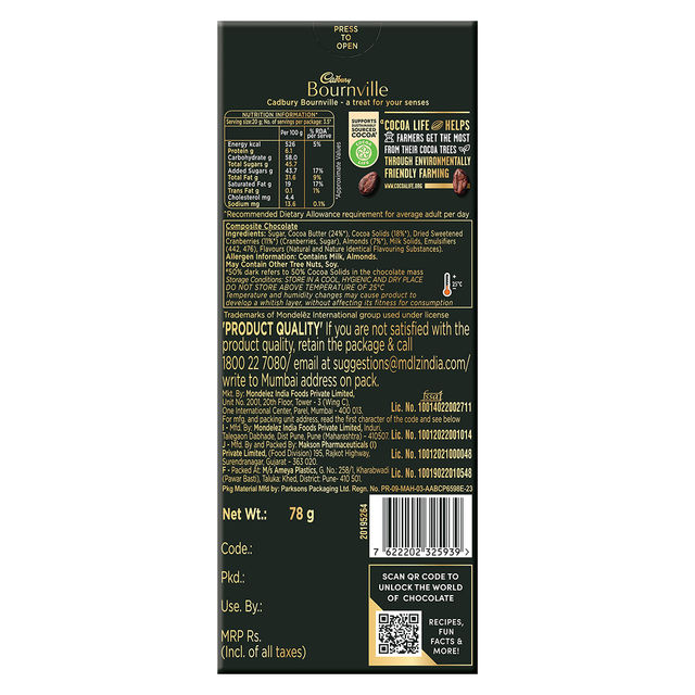 Cadbury Bournville Cranberry 50% Dark Chocolate Bar