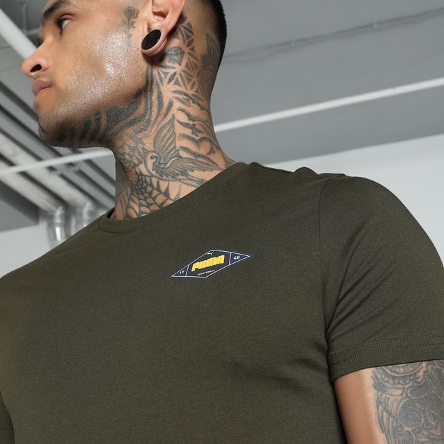 Puma Men's T-Shirt Small Graphic - Dark Olive | S