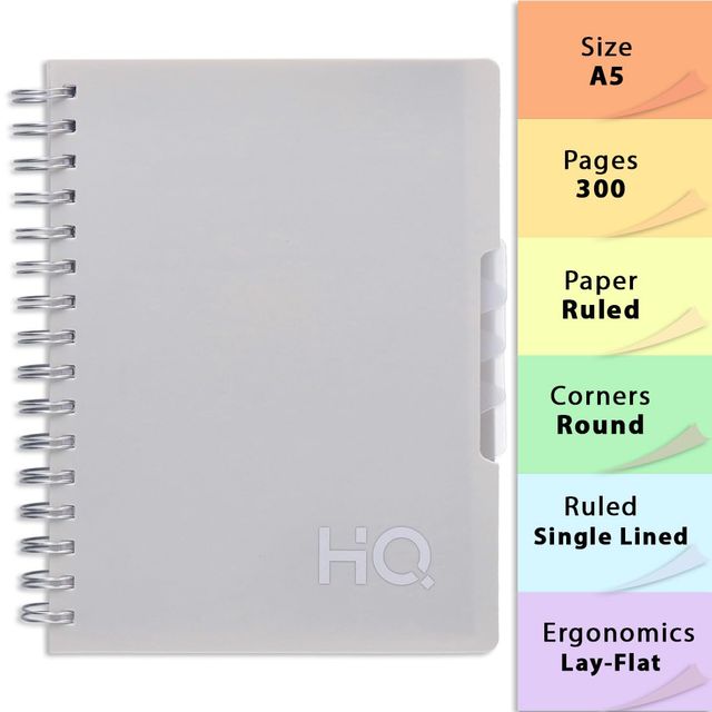 Navneet HQ | Five Subject Book White Wiro Bound Single Line A5 Size - 21 cm x 14.8 cm 300 Pages