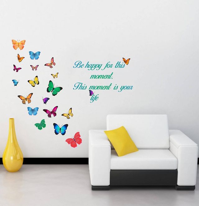 Wollzo 72 cm Butterfly with Happy Quotes(80 x 70 cm) Self Adhesive Sticker