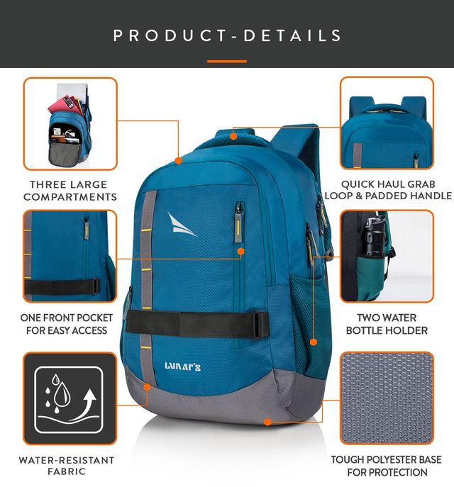 Lunar's Unisex Modern Polyester 48L Padded Shoulder Strap Laptop Backpack | Aqua Blue - 15.6 Inches