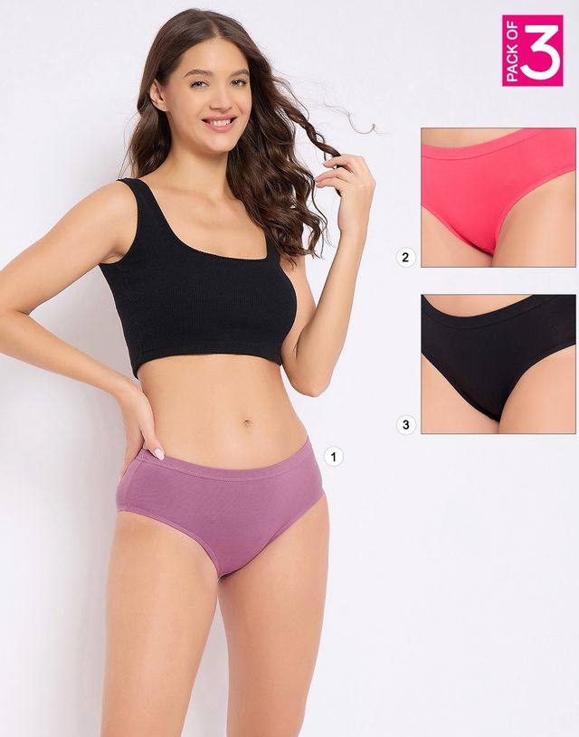 Clovia Cotton Spandex Pack Of 3 Medium Waist Inner Elastic Hipster Panty (Pink , Purple , Black - L) - Multicolor