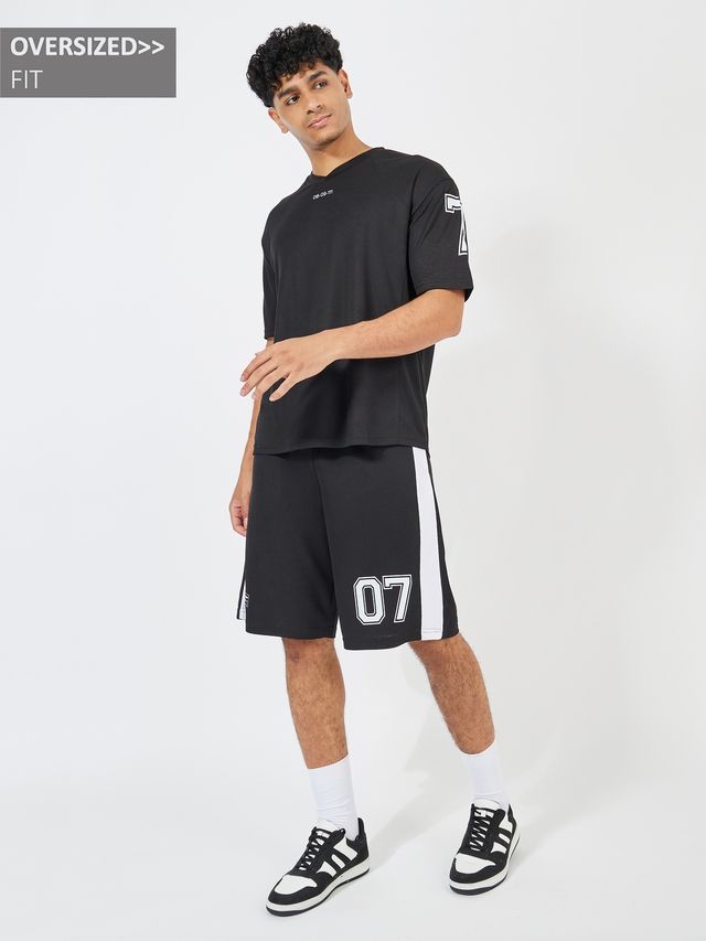 Styli Men's Varsity V Neck T-shirt and Oversized Shorts Co-ords | Black - XL
