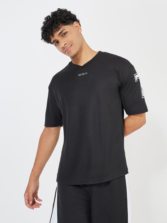 Styli Men's Varsity V Neck T-shirt and Oversized Shorts Co-ords | Black - XL