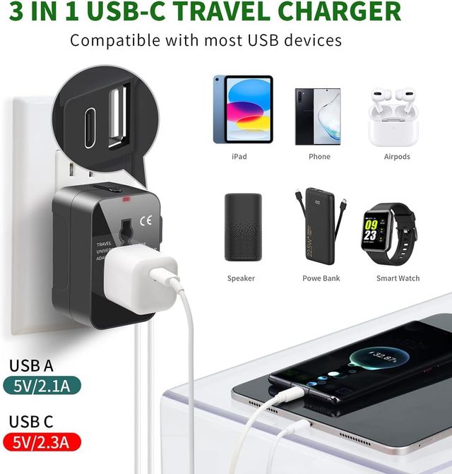Hashwow Type-C Universal Travel Adapter With Usb-C & Usb Ports, 3-In-1 Plug Adapter