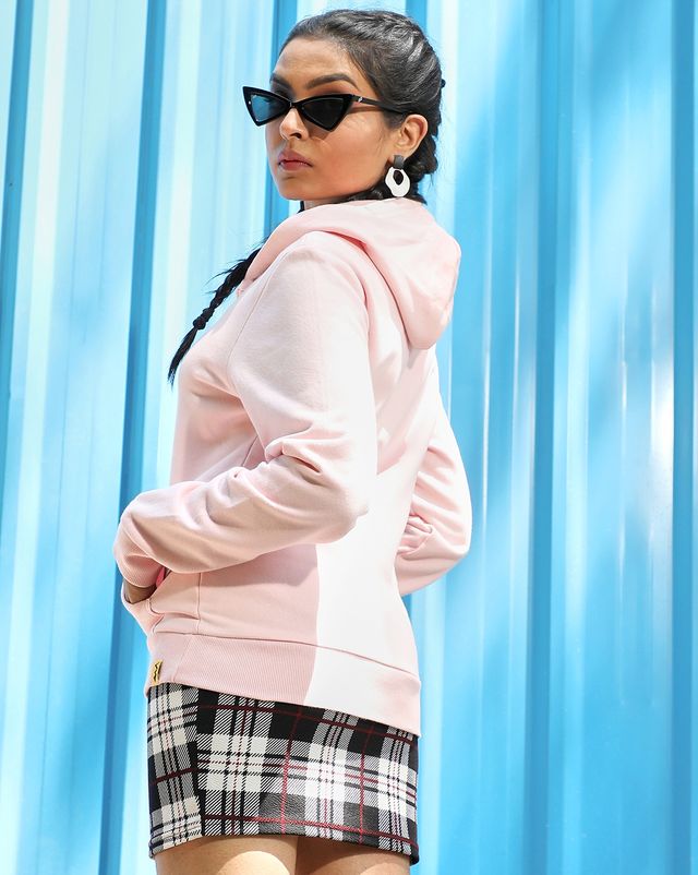 Campus Sutra Women's Zip-Front Hoodie With Ribbed Hem | Pink - M