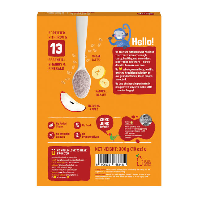 Slurrp Farm Wheat Apple & Banana Instant Healthy Cereal 100% Natural No Added Sugar No Milk, 300 Gm(300gms) & Slurrp Farm Cereal - Wheat, Apple & Date With Milkno Added Sugar No Powder 1 Pcs(1pc) Combo