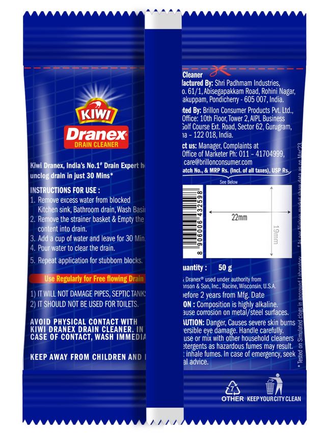 Mr. Muscle Kiwi Dranex Drain Cleaner Powder, Removes Clogs, Blockages In Just 30 Minutes 50 g Combo