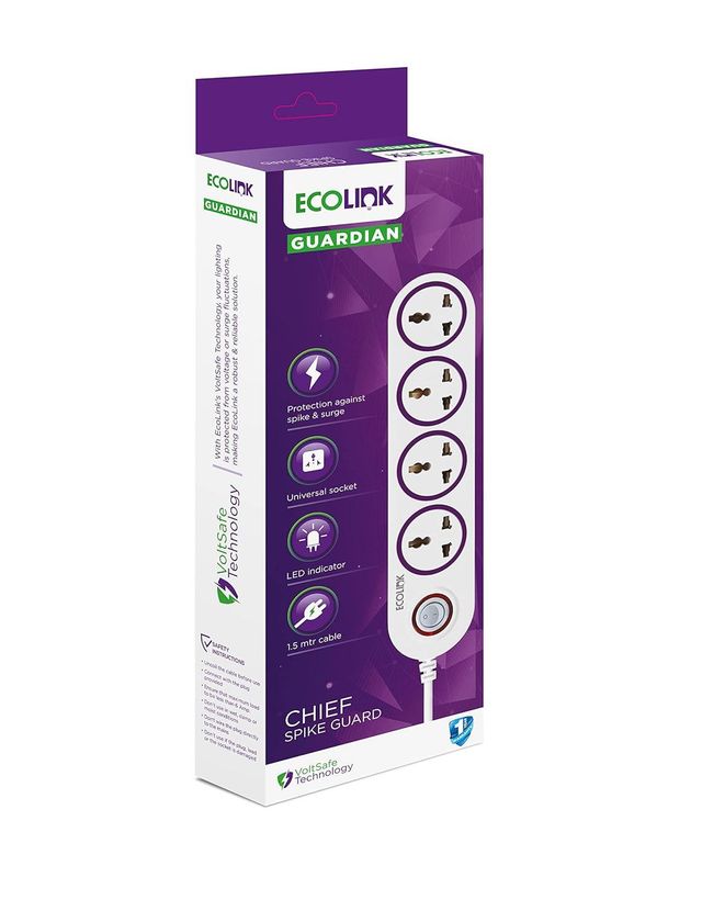 Philips EcoLink Extension Board - 4 Way Spike and Surge Guard | 4 Sockets | 1.5 Mtr