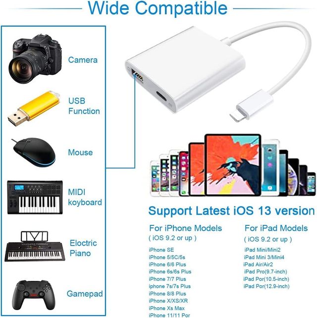 Sounce MFI-Certified Lightning to USB Camera Adapter with Charging Port, Portable Lightning to USB Female OTG Adapter Compatible with Phone, Phone to USB Adapter Plug and Play Support Card Reader