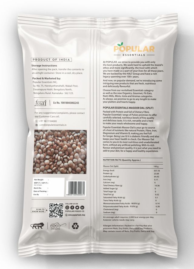 Popular Essentials Masoor Dal Split | Un-Polished