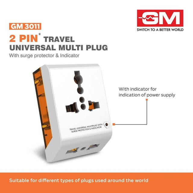 GM 3011 2 Pin Travel Universal Multi-Plug with Surge Protector & Indicator