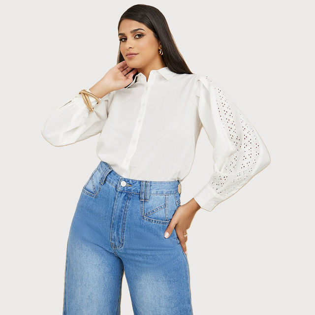 Buy Styli Women's Regular Fit Shirt with Long Sleeves and Broderie