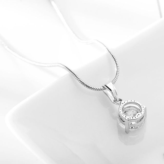 Cubic Zirconia Silver Plated Pendant Necklace – 1-2 CT SP Round Cut Invisible Chain 18 Inch
